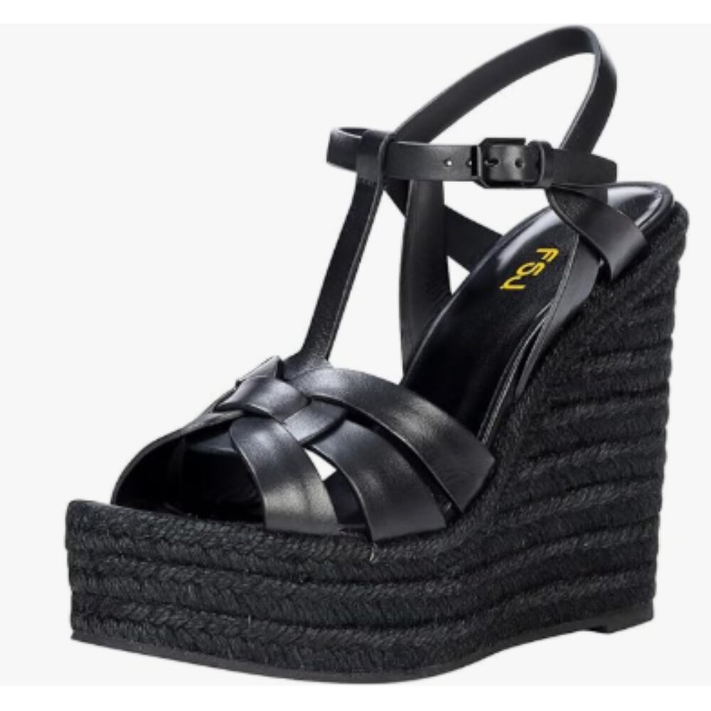 FSJ Black Open Toe Espadrille Platform Ankle Strap Wedge Sandals Woven Shoes